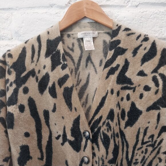 Lambswool Angora Cardigan Sweater Womens Small Brown Tiger Animal Print V Neck, - Picture 3 of 10